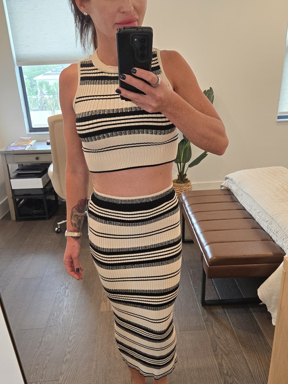 Heartloom Black & Cream Striped Ribbed Knit Crop Top Midi Skirt SET - Small